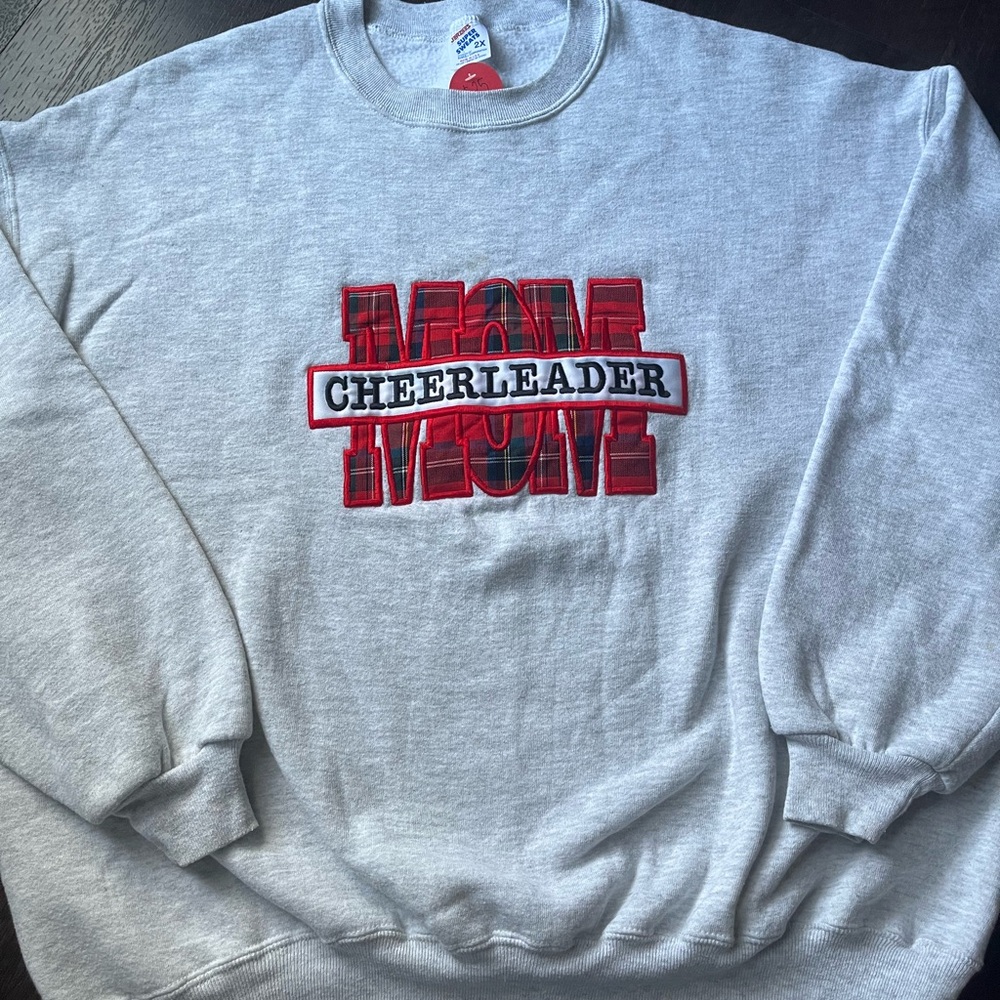 Gray Cheerleader Plaid Embroidered Mom Sweater